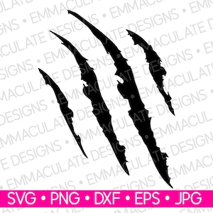 May include: Black claw marks graphic. Four jagged, black claw marks slash diagonally across a white background. The bottom of the image has the text "SVG • PNG • DXF • EPS • JPG" in white text on a pink bar.