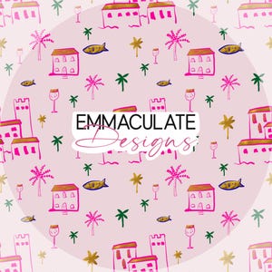 Könnte beinhalten: Ein sich wiederholendes Muster auf rosa Hintergrund mit Illustrationen von Gebäuden, Palmen, Fischen und Weingläsern. Der Text "EMMACULATE Designs" ist in einem weißen Rechteck mit einer kursiven Schrift zentriert.
