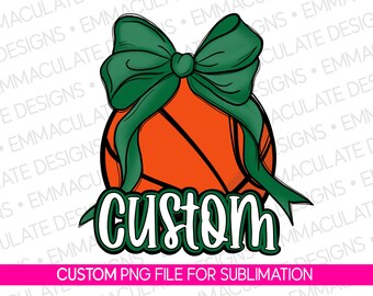 Balón de baloncesto Coquette Kelly verde y blanco personalizado con lazo PNG: Diseño sublimado de porristas con espíritu escolar (descarga digital)