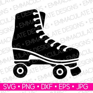 Puede incluir: Silueta negra de patín con cordones y ruedas blancos. La imagen incluye el texto "SVG • PNG • DXF • EPS • JPG" en una pancarta rosa. Ideal para proyectos de manualidades digitales.
