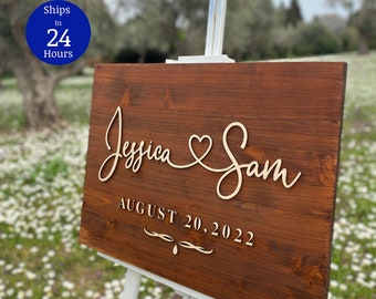 Letrero de bienvenida para boda, letrero de madera personalizado para boda - Letrero de bienvenida para siempre - Letrero de boda 3D - Nombres de pareja personalizados con corazón
