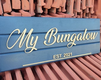 Panneau du bungalow personnalisé, panneau en bois personnalisé, plaque de rue ou plaque nominative de porte rustique, cadeau de pendaison de crémaillère, cadeau agent immobilier, nom de maison