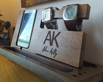 Custom Engraved Docking Station for Him – Personalized Wood Organizer, Gift for Husband, Anniversary or Birthday Gift for Men