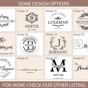 May include: A graphic design options chart with 24 different designs for personalized gifts. Each design features a unique combination of fonts, graphics, and text. The designs include names, dates, and other personalized details.