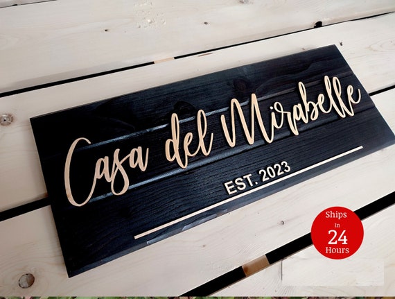 Personalised Wooden House Sign – Engraved Rustic Oak Address Plaque – Outdoor Custom Name Plate
