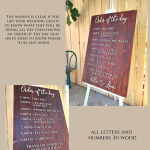 May include: A wooden sign with the text "Order of the Day" and a list of wedding events with times. The sign is decorated with white 3D letters and numbers. The sign is on a white easel.