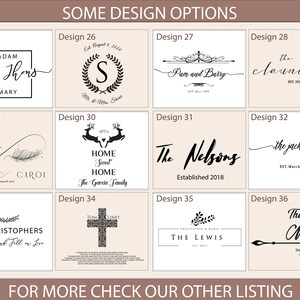 K&ouml;nnte beinhalten: Eine Grafik mit 36 verschiedenen Designoptionen f&uuml;r personalisierte Wohnaccessoires. Die Designs beinhalten verschiedene Schriftarten, Stile und Symbole, darunter Herzen, Unendlichkeitszeichen, Kreuze und Kr&auml;nze. Die Grafik ist mit der Designnummer und einer kurzen Beschreibung jedes Designs beschriftet.