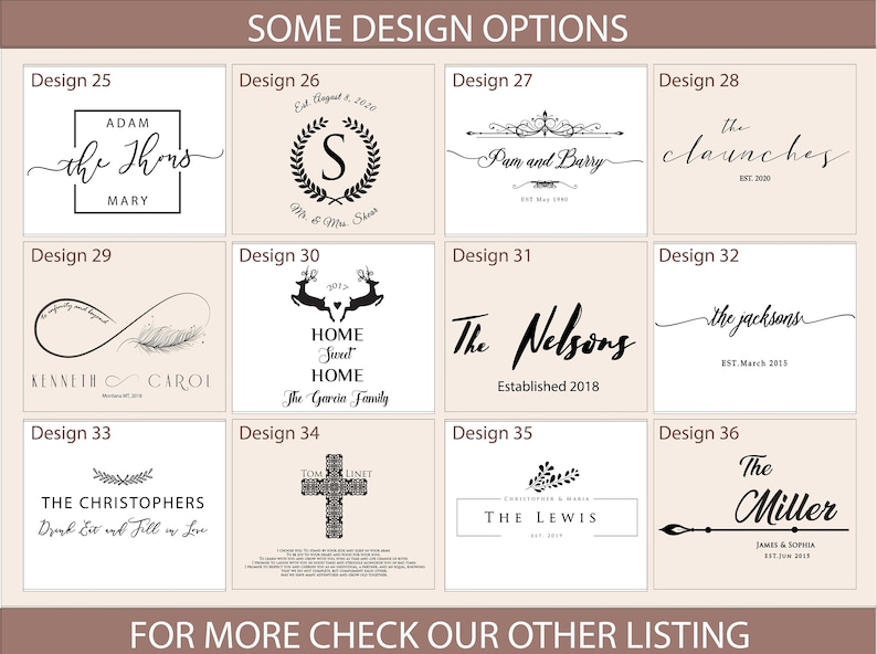 K&ouml;nnte beinhalten: Eine Grafik mit 36 verschiedenen Designoptionen f&uuml;r personalisierte Wohnaccessoires. Die Designs beinhalten verschiedene Schriftarten, Stile und Symbole, darunter Herzen, Unendlichkeitszeichen, Kreuze und Kr&auml;nze. Die Grafik ist mit der Designnummer und einer kurzen Beschreibung jedes Designs beschriftet.