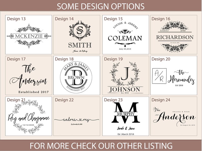 K&ouml;nnte beinhalten: Ein Diagramm mit 24 verschiedenen Designoptionen f&uuml;r personalisierte Holzschilder. Jedes Design verf&uuml;gt &uuml;ber eine einzigartige Schriftart, Grafik und Layout. Die Designs beinhalten Namen, Daten und andere personalisierte Details.