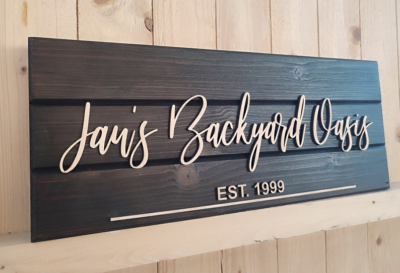 Angle view of the custom 'Welcome to Our Backyard' sign, showing the craftsmanship and the vibrant colors from a different perspective for a better visual understanding.