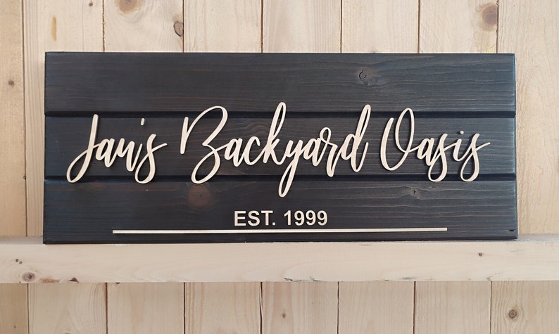 Side view of the custom 'Welcome to Our Backyard' sign, highlighting the details of the design and the materials used for a clearer perspective.