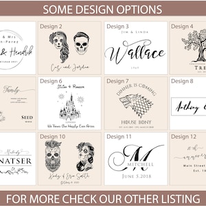 May include: A collage of 12 different design options for personalized wooden signs. Each design features a unique graphic and text, such as a tree, a skull, a castle, and a wolf. The designs are perfect for adding a personal touch to your home decor.