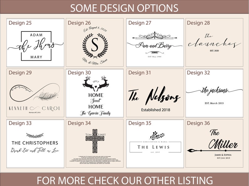 May include: A graphic design options chart with 36 different designs for personalized signs. The designs include various fonts, graphics, and text, such as names, dates, and phrases.