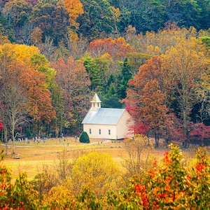 Country Church in Cades Cove, Great Smoky Mountains, Autumn Fall Colors, Church Photography, Rural Tennessee Landscape, Canvas Photograph