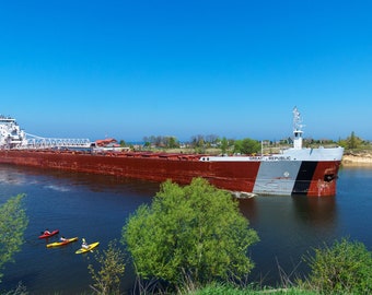 Cargo Freighter in Lake Michigan Harbor, Ship Art, Michigan Photography, Great Republic Full, Beach House Wall Décor, Photograph or Canvas