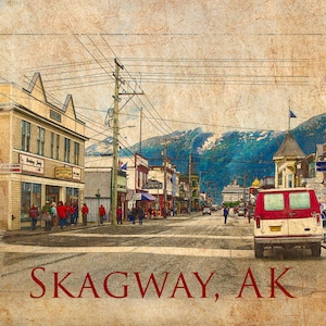 Skagway Alaska Downtown Street Illustration with Parchment, Vintage Sketch, Distressed, Photograph Wall Art, Digital Artwork, Matte Finish