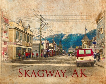 Skagway Alaska Downtown Street Illustration with Parchment, Vintage Sketch, Distressed, Photograph Wall Art, Digital Artwork, Matte Finish