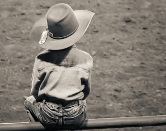 Child Cowboy Watching a Rodeo, Little Boy Dreaming, Sepia Tone, Cowboy Wall Art, Wyoming Photography. Western Fine Art Photograph or Canvas