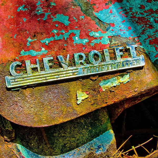 Chevrolet Emblem, Rusty Classic Truck, Chevy Badge, Antique Car, Automobile, Print, Canvas Wall Art
