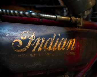 Indian Motorcycle Gas Tank, Gold Letters, Vintage Motorcycle Wall Décor, Man Cave, Fine Art Photography Print, Canvas or Framed Canvas