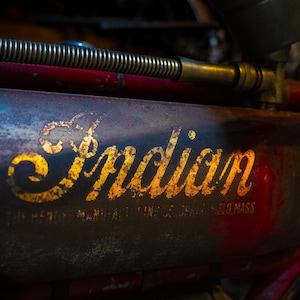 Indian Motorcycle Gas Tank, Gold Letters, Vintage Motorcycle Wall Décor, Man Cave, Fine Art Photography Print, Canvas or Framed Canvas