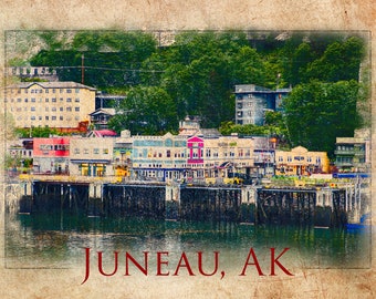 Juneau Alaska Downtown Illustration on Vintage Parchment Background, Poster Distressed, Photograph Wall Art, Digital Artwork, Matte Finish