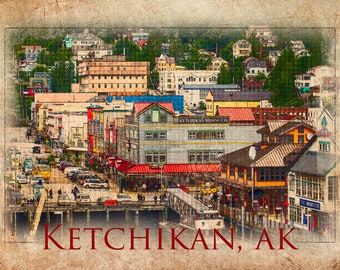 Ketchikan Alaska Downtown Illustration, Vintage Parchment Background, Poster Distressed, Photograph Wall Art, Digital Artwork, Matte Finish