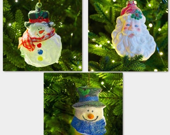 Christmas Ornament Photographs, Santa and Snowmen Decoration, Set of 3, Holiday Home Wall Décor, Photography Print, Canvas or Framed Canvas