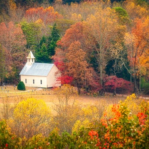Autumn Church in Cades Cove, Great Smoky Mountains, Fall Colors, Church Photography, Rural Tennessee Landscape, Canvas or Print