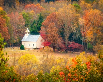 Autumn Church in Cades Cove, Great Smoky Mountains, Fall Colors, Church Photography, Rural Tennessee Landscape, Canvas or Print