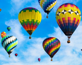 Hot Air Balloons in a Blue Sky, Colorful Balloon, Indiana Festival,  Midwest Photography, Nursery Bedroom Decor, Photograph Wall Art