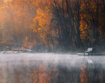 Foggy Autumn Morning Lake Reflection, Fall Foliage, Chain-o-Lakes State Park, Misty Pond, Indiana Landscape Photography, Canvas Wall Art