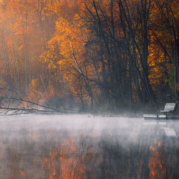 Foggy Autumn Morning Lake Reflection, Fall Foliage, Chain-o-Lakes State Park, Misty Pond, Indiana Landscape Photography, Canvas Wall Art