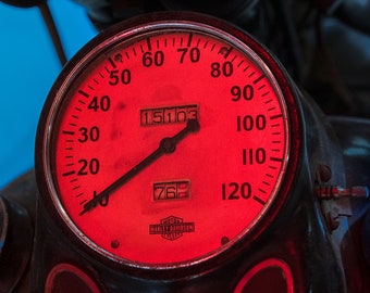 Harley Davidson Motorcycle Red Speedometer, Vintage Motorcycle Wall Décor, Man Cave, Fine Art Photography Print, Canvas or Framed Canvas