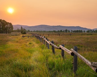 Wyoming Sunrise Farm Fence Row, Farmhouse Décor, Country Scenery, Rural Landscape Photograph, Western Photography, Wall Art Canvas Print