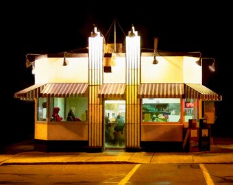 50s American Diner, Vintage Restaurant, Nighttime After Dark, Classic Sandwich Shop, Americana Architecture, Fine Art, Digital Painting