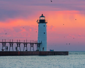 Manistee Michigan Lighthouse Sunset, North Pier, Great Lakes Photography, Square Photograph Print, Canvas Wall Art, Purple and Orange