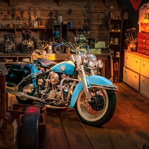 Harley Davidson Motorcycle Oil Change in Garage, Vintage Motorcycle Art Décor, Man Cave, Fine Art Photography Print, Canvas, Framed Canvas