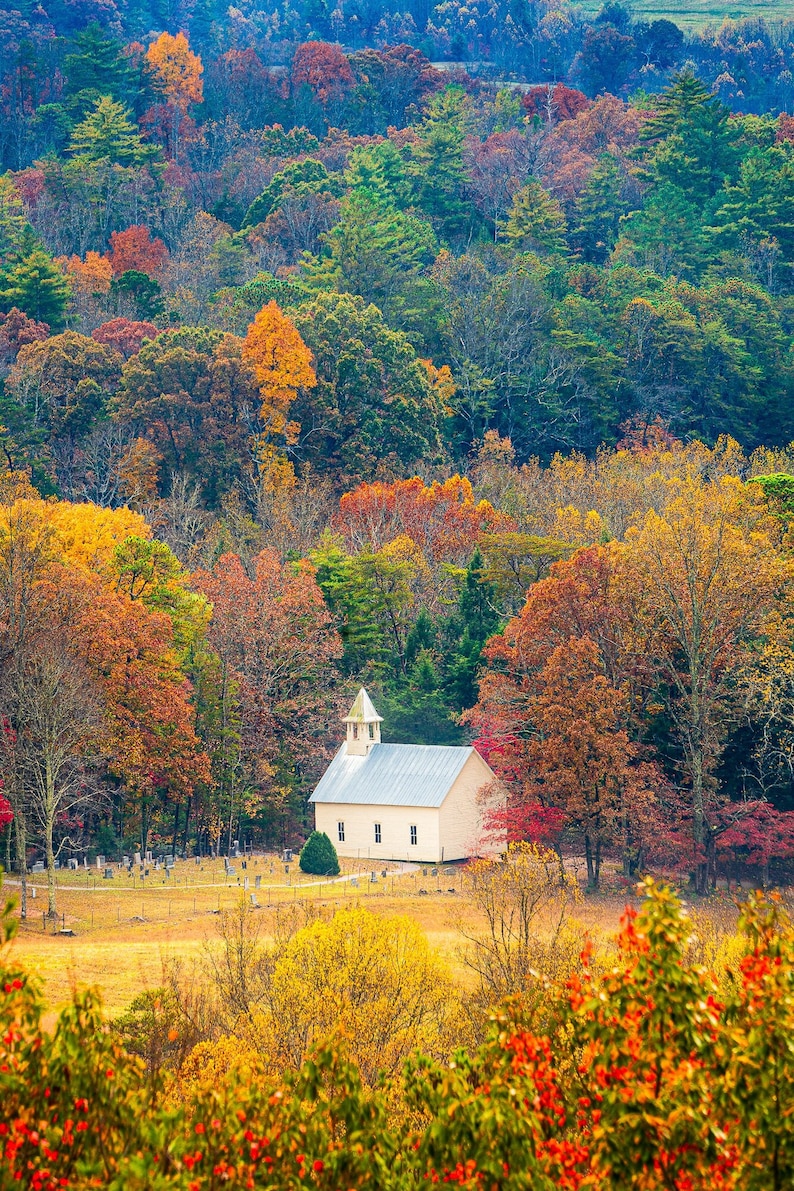 Country Church in Cades Cove, Great Smoky Mountains, Autumn Fall Colors