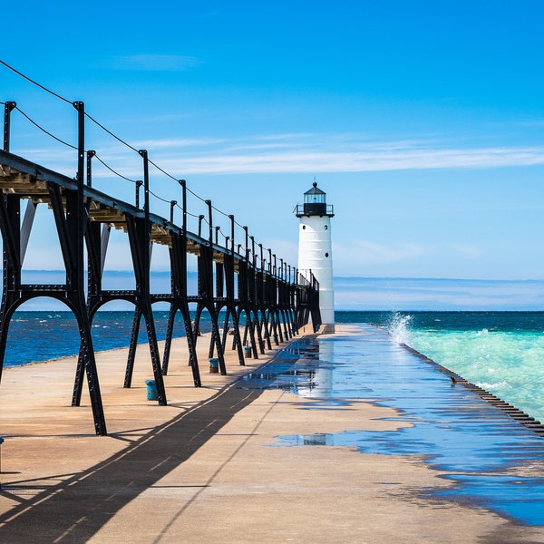 Manistee Michigan Lighthouse North Pier, Lake Michigan Art, Michigan Photography, Coastal Beach House Wall Decoration, Photograph or Canvas