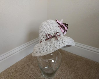 Crochet Child's Summer Sun Hat, Girl, Wide Brim, Floppy, Beige, Pink, Brown, Cotton, Nylon