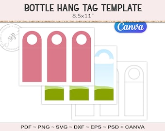 Bottle gift tag template, party printable, 7.5" wine or water bottle hang tag, svg cutting file, canva template PSD, PNG, SVG (AG95)