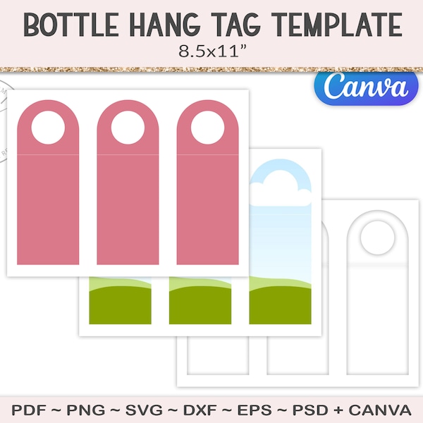 Bottle gift tag template, party printable, 7.5" wine or water bottle hang tag, svg cutting file, canva template PSD, PNG, SVG (AG95)