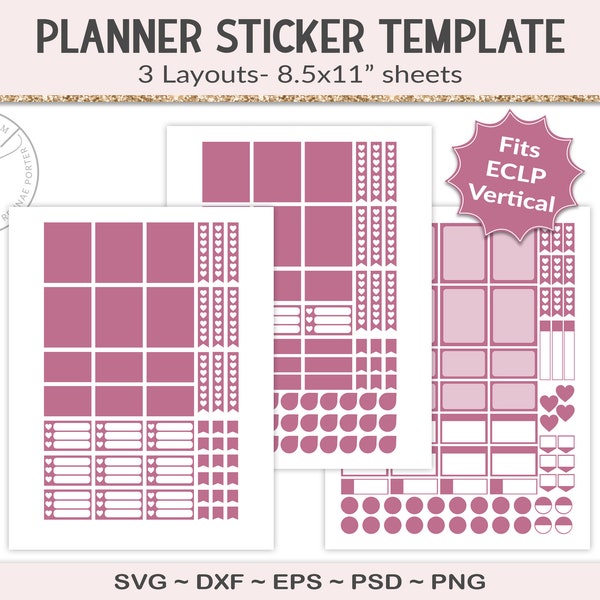 ECLP planner sticker templates, vertical life planner journal, mixed size variety pack collage sheet stickers, PSD, SVG (ES21)