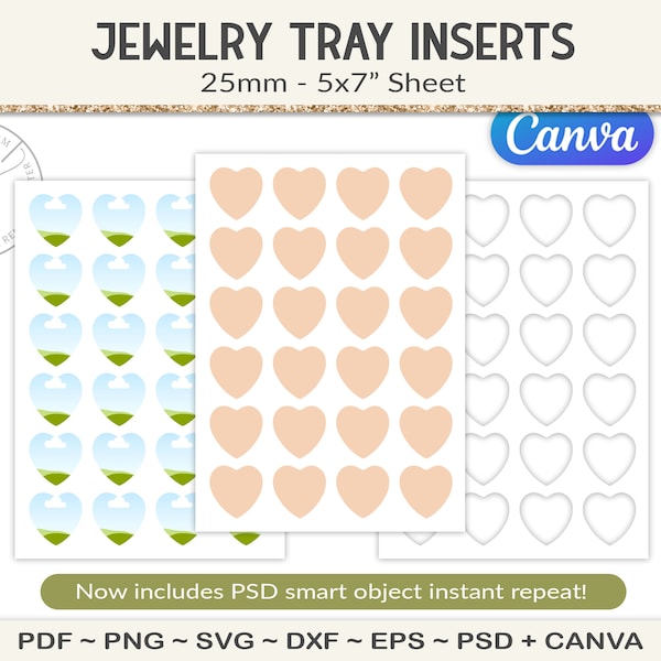 25mm hearts jewelry pendant tray template, collage sheet on 5x7" paper size, for cabochon bezel charm or cameo jewellery designs (J36)