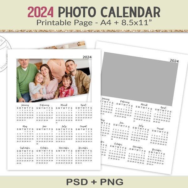 2024 photo calendar template, year at glance calendar printable, design your own calendar gift, family portrait printable, PSD, PNG (CP3)