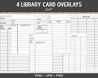 Library card overlay templates, junk journal design assets, set of 4 overlay cards, 3x5" editable designs PSD, JPG, PNG (RY24)