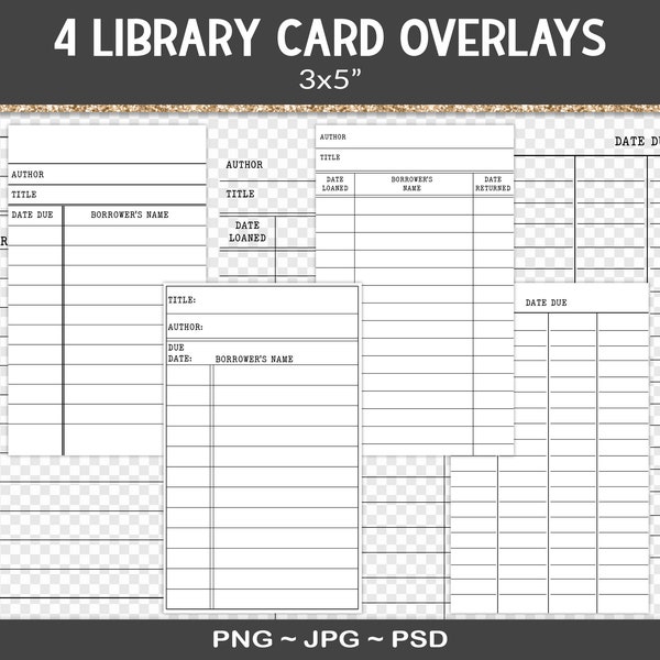 Library card overlay templates, junk journal design assets, set of 4 overlay cards, 3x5" editable designs PSD, JPG, PNG (RY24)