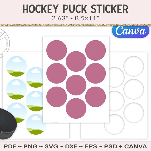 Hockey puck sticker template, printable craft template, svg cutting file, blank puck label collage sheet, Canva PSD, DXF, SVG (AG136)