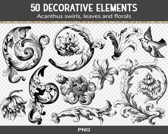 Vintage acanthus swirl graphics, old ornamental decoration, border or corner junk journal elements, antique PNG clipart (RY37)